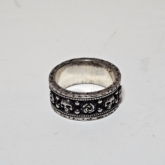 Clocks And Colours ‘Brimstone’ 925 Silver Band Ring Size US 15 Skulls And Roses - Picture 2 of 7